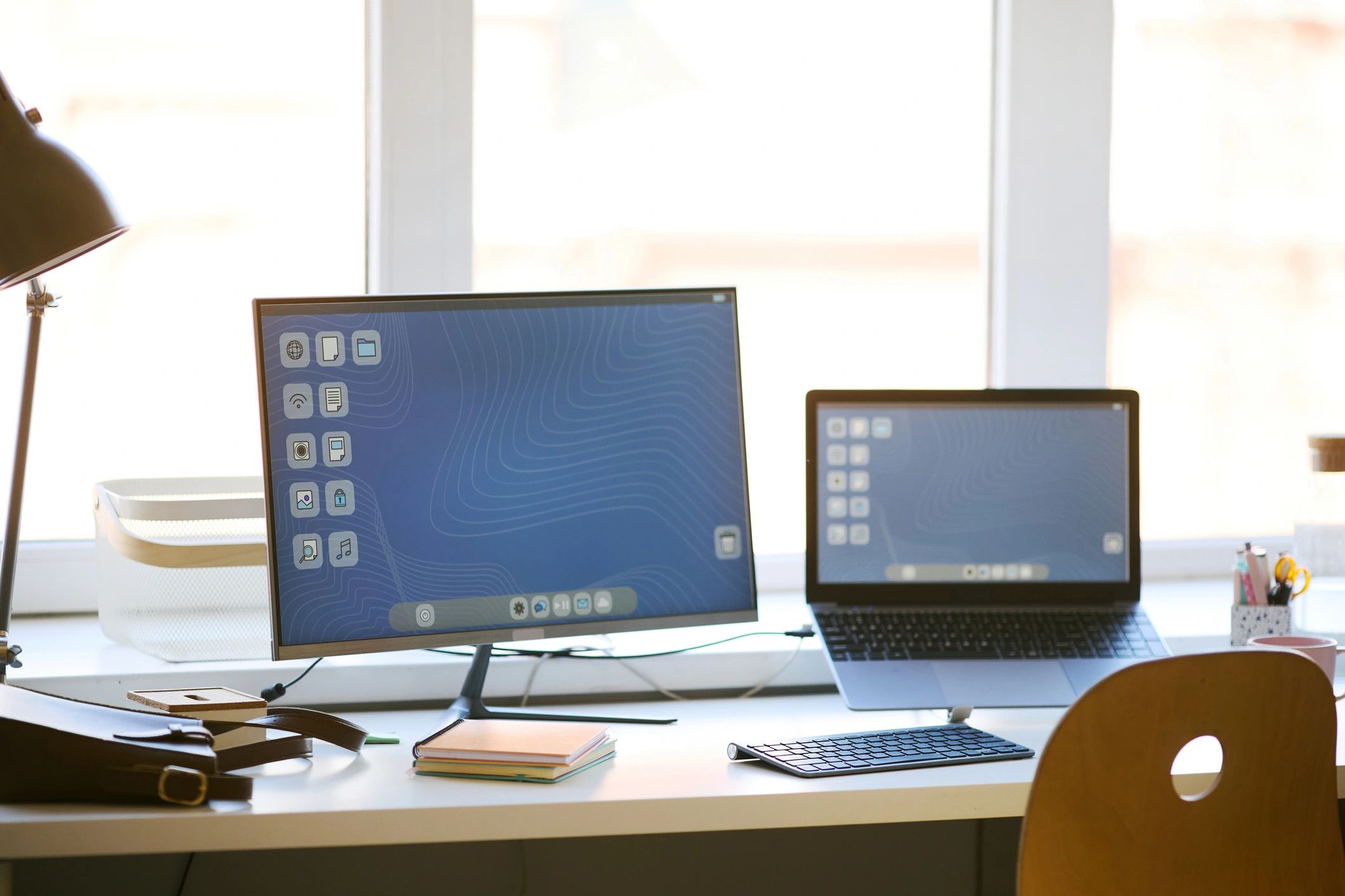 Creative workspace with computer and laptop